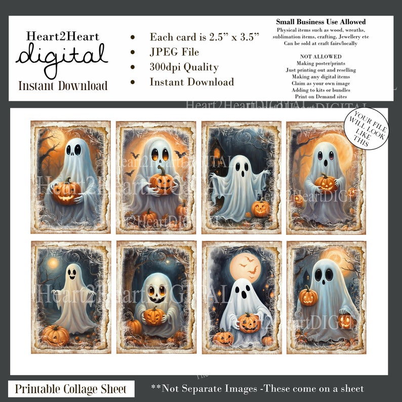 May include: Printable collage sheet with eight images of ghosts holding pumpkins. Each image is 2.5 inches by 3.5 inches. The images are set against a dark background with a moon and stars. The text "Heart2Heart digital" and "Instant Download" are at the top of the sheet. The text "Printable Collage Sheet" is at the bottom of the sheet.