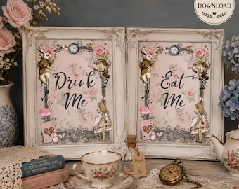 Two Printable Alice in Wonderland Party Food Signs - Drink Me & Eat Me Signs, Tea Party, INSTANT DOWNLOAD, Onederland, Birthday, Wedding