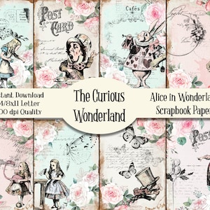 Alice in Wonderland Ephemera Paper Pack Scrapbooking Card Making Digital Papers Mad Hatter Printable A4 Collage Sheet White Rabbit Craft