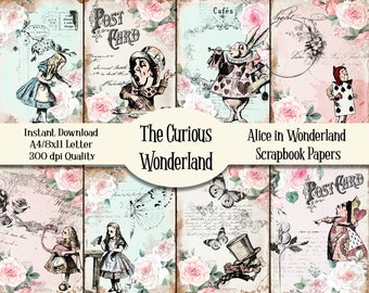 Alice in Wonderland Ephemera Paper Pack Scrapbooking Card Making Digital Papers Mad Hatter Printable A4 Collage Sheet White Rabbit Craft