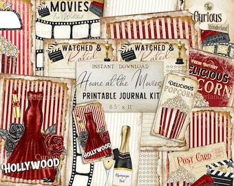 May include: Printable journal kit with a movie theme. The kit includes pages with red and white stripes, a red dress, popcorn, and a champagne bottle. The text "Home at the Movies" is printed on a page with a red and white striped background. The text "Delicious Popcorn" is printed on a page with a red and white striped background. The text "Fresh Buttery Delicious Corn" is printed on a page with a red and white striped background. The text "Hollywood" is printed on a page with a red and white striped background. The text "Watched & Rated" is printed on a page with a red and white striped background. The text "Movies I've Watched" is printed on a page with a red and white striped background. The text "The Curious Wonderland" is printed on a page with a red and white striped background. The text "Post Card" is printed on a page with a red and white striped background.