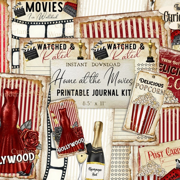 Vintage Movie Junk Journal Ephemera Films Pack Digital Download Tags  Kit Printable Shabby Chic Journal Popcorn Movie Night Tracker