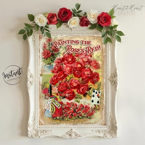 Alice in Wonderland Queen of Hearts Art Print – &quot;Painting the Roses Red&quot; | Instant Download | Vintage Floral Wall Art
