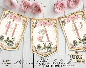 Alice in Wonderland Happy Birthday Banner, Printable Banners, Blush Pink Rose, Birthday Decoration, Wonderland Party, Party Printable