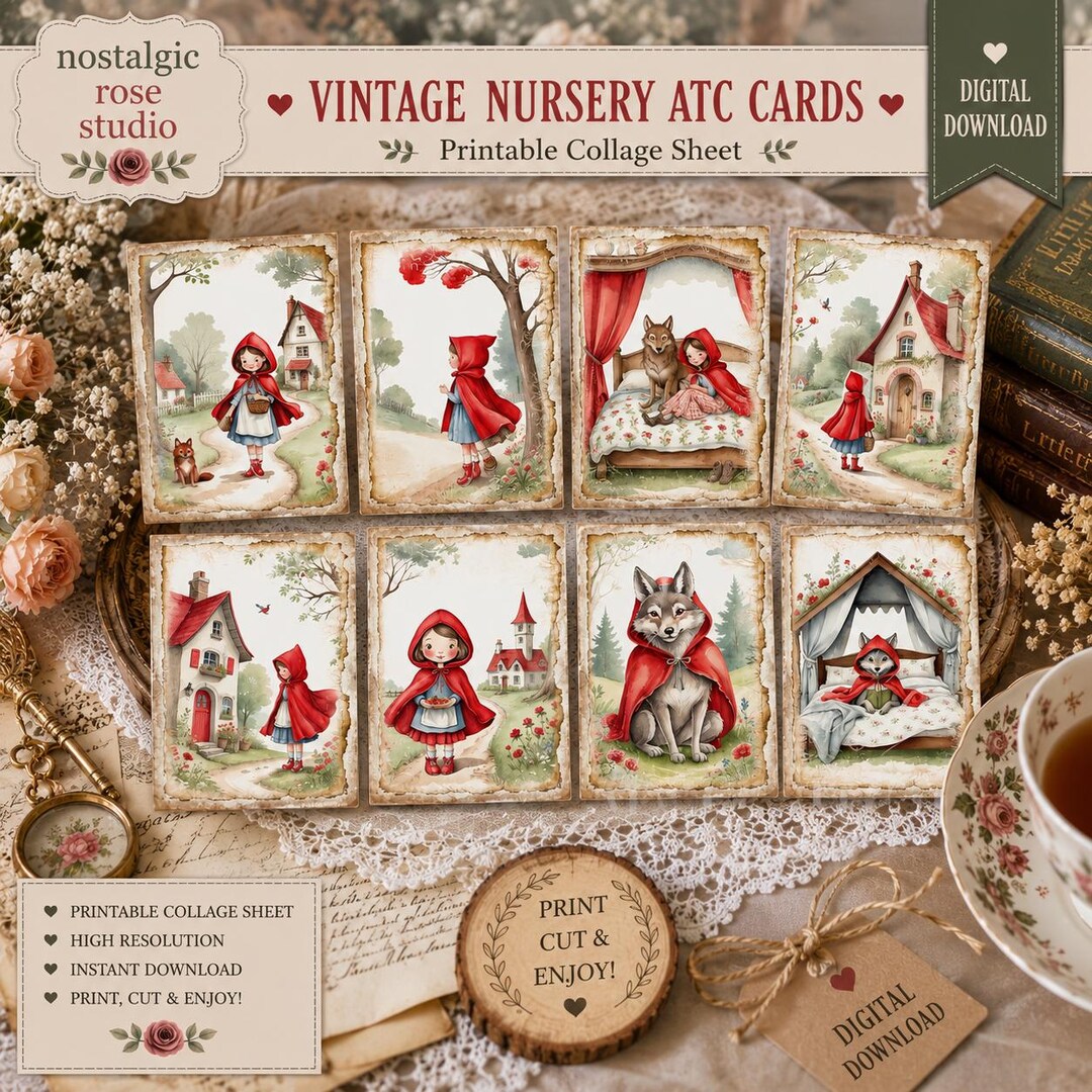 Red Riding Hood Rhyme Nursery Rhyme 'little Red Riding Hood' Ephemera Cards Collage Sheet ...