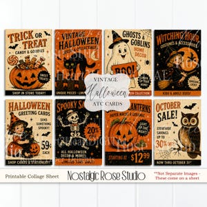 Peut inclure: Une feuille de collage imprimable présentant huit cartes d'Halloween de style vintage. Les motifs incluent une citrouille, un chat noir, un fantôme tenant un panneau, une sorcière, un enfant avec un chat, un squelette, une citrouille et un hibou, tous avec du texte.