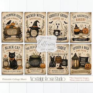 Puede incluir: Una hoja de collage imprimible con ocho tarjetas de Halloween de estilo vintage que incluyen ilustraciones de un huerto de calabazas, botica de brujas, café fantasma, panadería embrujada, tienda de dulces, caldero, boutique y decoración de telarañas.