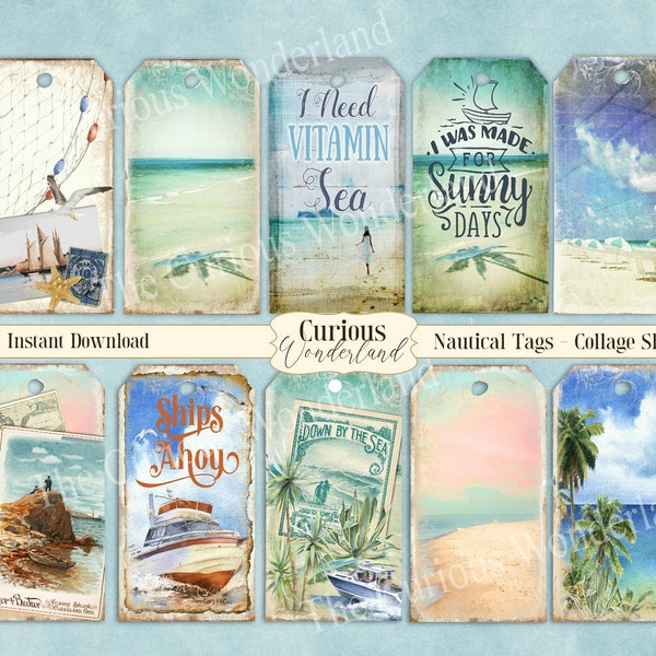 Nautical Beach Tags Junk Journal Scrapbook Collage Sheet Hang Tags DIGITAL DOWNLOAD Tropical