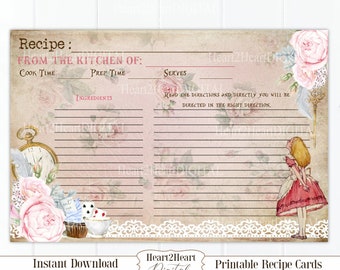 Alice in Wonderland Recipe Cards, Bridal Shower, Printable Recipe Cards, INSTANT DOWNLOAD, Shower Printable, Kitchen Cards, Baby Shower