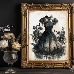Digital Gothic Black Dress Print, Printable Gothic Home Decor, Fashion Print, Spooky Home, Gothic Wall Art,