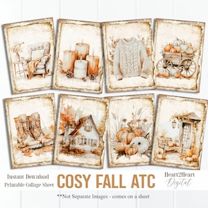 Cozy Autumn ATC Collage Sheet, Fall Flowers Journal Cards, Digital Image, Scrapbook Cards, Printable Download, Digital Cards, Embellishments