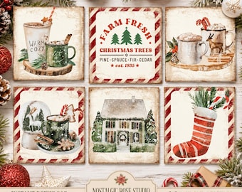 May include: Six square digital art tiles featuring Christmas themes: a warm drink with text, a Farm Fresh Christmas Trees sign, a mug with a reindeer, a snow globe with a mug, a snow-covered house, and a red and white striped stocking.