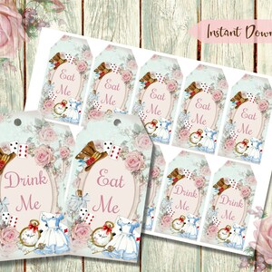 Alice in Wonderland Tags, Eat Me, Drink Me, Printable Tags, Favors Tea party Mad Hatter Digital Download image 2