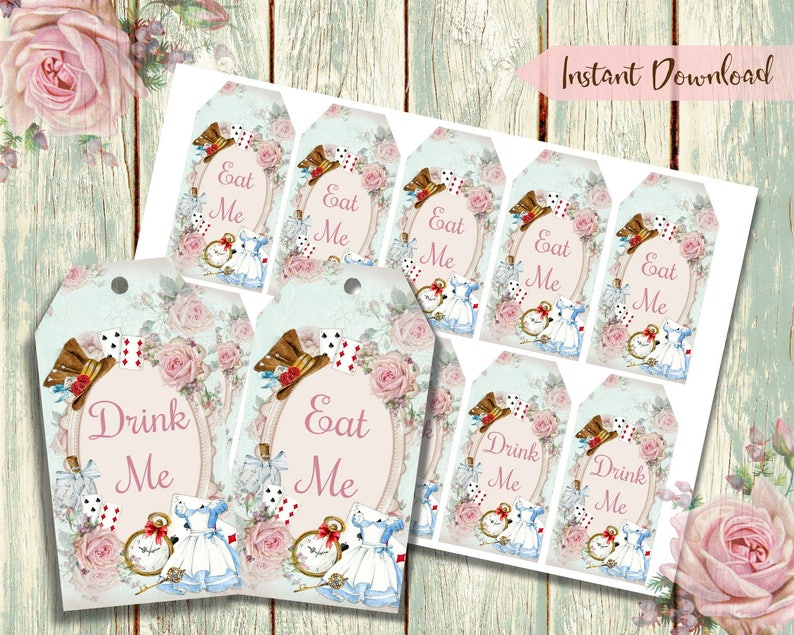 Alice in Wonderland Tags, Eat Me, Drink Me, Printable Tags, Favors Tea party Mad Hatter Digital Download image 2