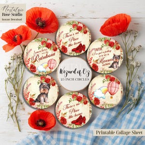 Naklejki w kształcie okręgów z Czarnoksiężnikiem z Krainy Oz, 2,5 nakładki na babeczki, arkusze kolażu, obrazy na kapslach, natychmiastowe pobieranie, obrazy do druku, etykiety na prezenty