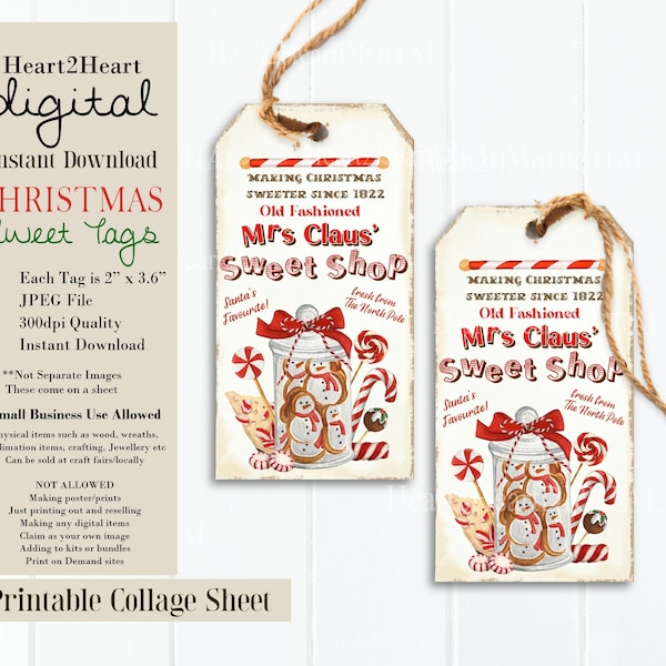 Mrs Claus Sweet Shop Tags, Printable Tags, Sweet Treat Tags, Instant Download, Journals,