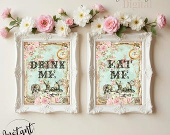 Shabby Chic Alice in Wonderland Party Food Signs, Drink Me, Eat Me Sign, Tea Party, INSTANT DOWNLOAD, Printable Sign, Onederland, Birthday