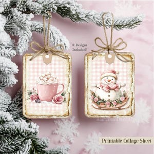 Shabby Pink Christmas Tags Collage Sheet ATC Journal Cards Image Scrapbook Ephemera  Printable Download, Snowman, Santa & Gingerbread