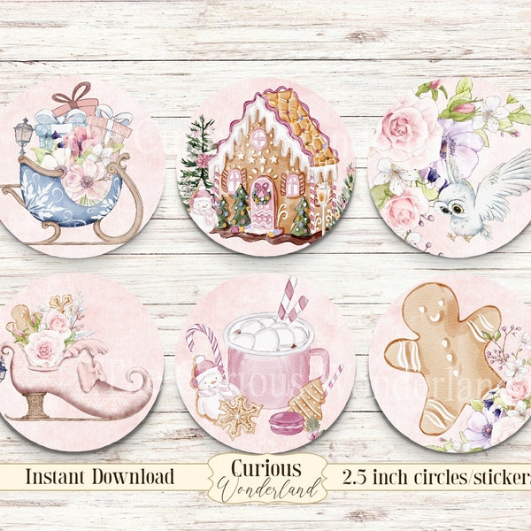 Shabby Chic Pink Gingerbread Circle Sleigh Tags DIY Labels 2.5 inches Printable Images Bottle Caps Stickers INSTANT DOWNLOAD Collage sheet