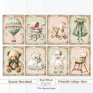 Pink & Mint Baby Girl Ephemera Cards, ATC ACEO Cards, Printable Baby Cards, Baby Collage Sheet, Digital Download, Pink Baby Cards