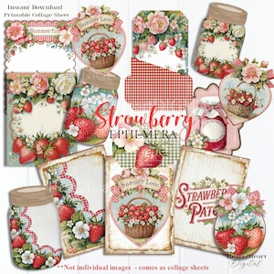 Strawberry Ephemera Printable Kit | Vintage Fruit Collage Sheets | Summer Junk Journal Digital Download | Retro Strawberry Tags & Cards