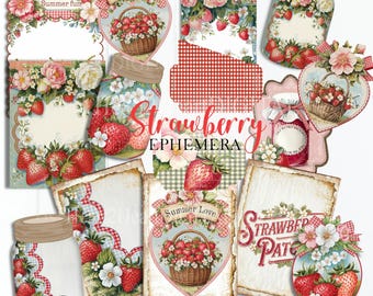 Strawberry Ephemera Printable Kit | Vintage Fruit Collage Sheets | Summer Junk Journal Digital Download | Retro Strawberry Tags & Cards