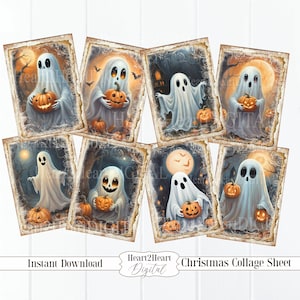 Ghost Halloween Collage Sheet, Journal Cards, Halloween Tags Digital Image, Scrapbook Cards, Printable Download, ACEO