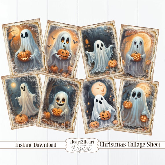 Ghost Halloween Collage Sheet, Journal Cards, Halloween Tags Digital Image, Scrapbook Cards, Printable Download, ACEO
