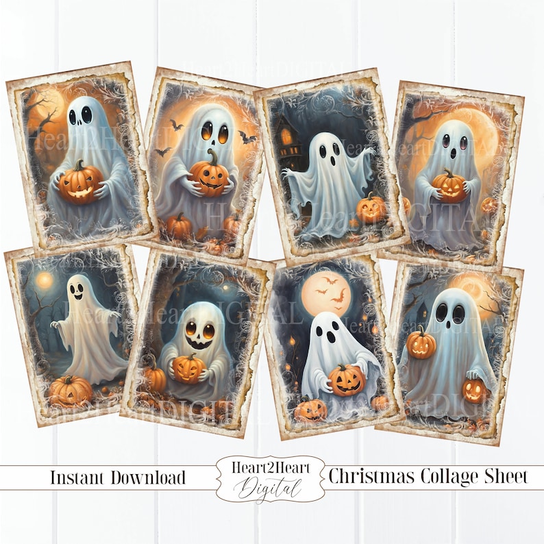 May include: A digital collage sheet featuring eight vintage-style illustrations of ghosts holding jack-o'-lanterns. The images have a distressed, aged look with a faded background and a white border.