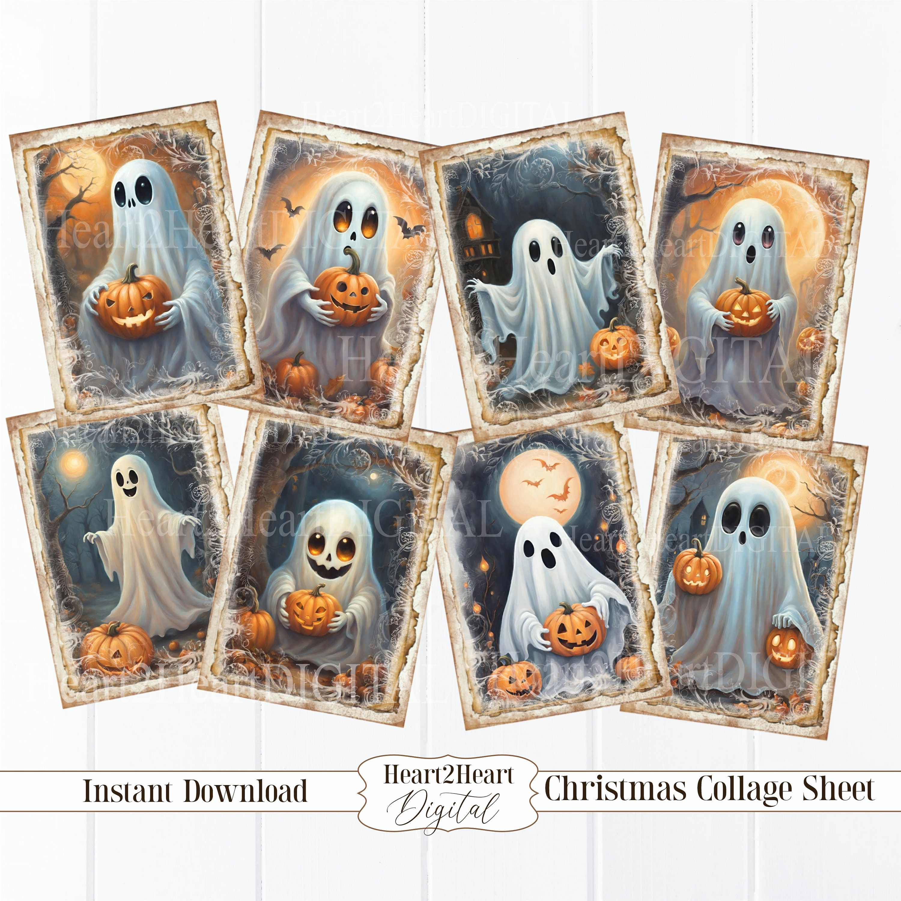 Ghost Halloween Collage Sheet, Journal Cards, Halloween Tags Digital Image, Scrapbook Cards, Printable Download, ACEO