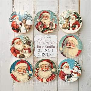 Vintage Retro Santa Claus Circle Tags DIY Gift Labels 2.5 inches Printable Images,Stickers INSTANT DOWNLOAD Collage sheet, Snowman