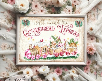 Gingerbread Train Sign - Digital Instant Download - Pink Bakery Sign  - Shabby Chic - Christmas Decoration