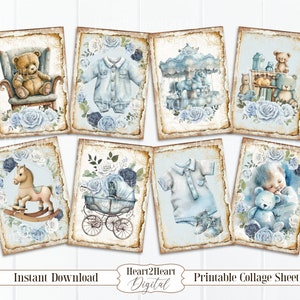 Baby Boy Ephemera Cards, ATC ACEO Cards, Printable Baby Cards, Baby Collage Sheet, Digital Download