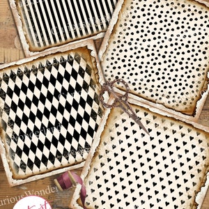 Vintage Tattered Edge Black & Ivory 12x12 Paper Pack, Scrapbooking paper, INSTANT DOWNLOAD, Stripes, Junk Journal, Backgrounds