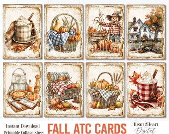Cozy Autumn Fall ATC Collage Sheet, Fall Flowers Journal Cards, Digital Image, Scrapbook Cards, Printable Download, ACEO, Digital Cards