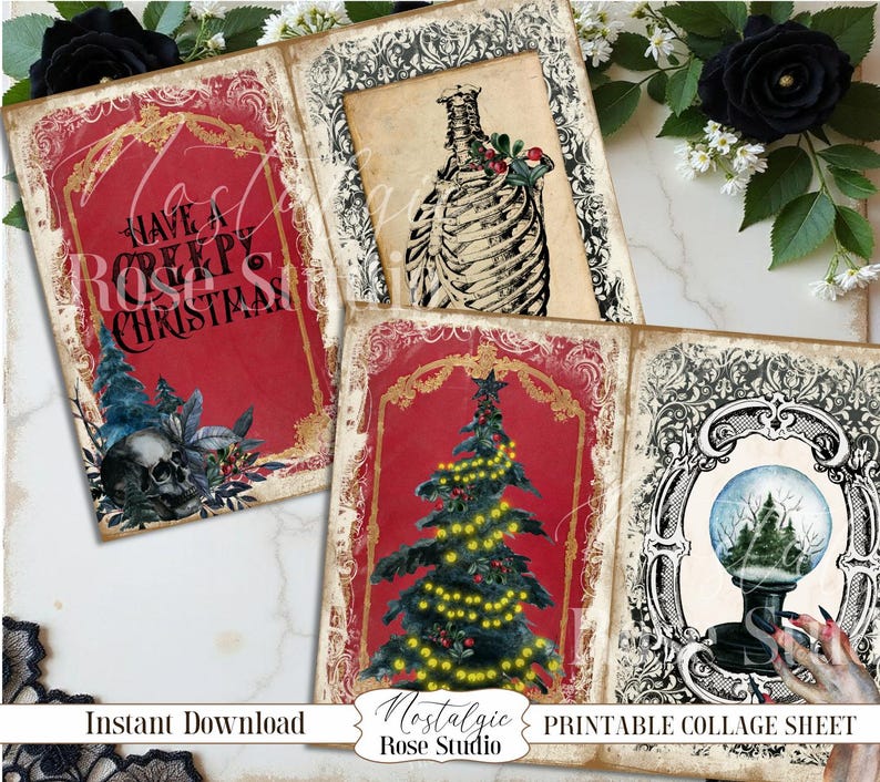 Diario navideño con calavera gótica, imprimible, diario gótico, kit de diario digital, papel para álbum de recortes, descarga digital para manualidades, espeluznante imagen 3