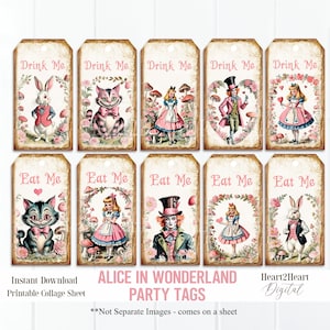 Vintage Alice in Wonderland Party Tags, Eat Me & Drink Me, Printable Tags, Favors Tea party Mad Hatter Digital Download