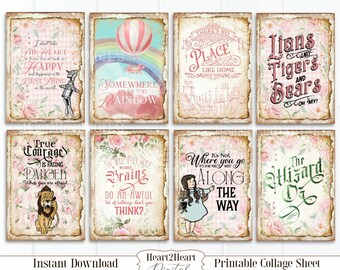 Pink Tattered Wizard of Oz Quote Cards, Party Decoration, Cardmaking, Junk Journal Cards, Printable, Instant Download, Scrapbook,
