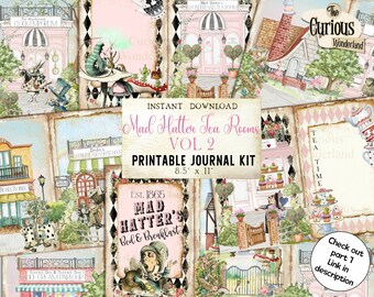 Alice im Wunderland Tea Room VOL 2 Junk Journal, Printable, Digital Journal Kit, Tattered Scrapbook Papier Digital Download Wunderland Handwerk