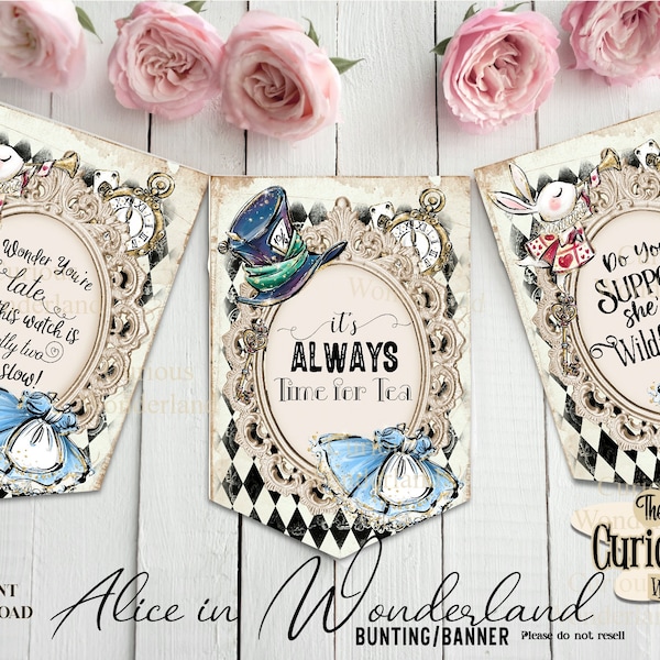 Alice in Wonderland Quote Banner, Printable Banner, Printable Alice, INSTANT DOWNLOAD, Alice Quotes, Mad Hatter Tea Party, Birthday Banner
