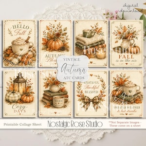 May include: A digital collage sheet featuring eight rectangular cards with autumn themes, including illustrations of pumpkins, mugs of hot drinks, lanterns, books, and plaid blankets. The cards contain text such as Hello Fall, Autumn Blessings, and Grateful Thankful Blessed.