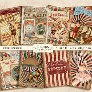 Vintage Mini Circus Journal Cards Digital Collage Sheet Digital Cards Printable Download ATC Tags Digital Image Vintage Circus Animals