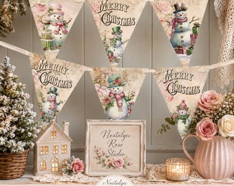 Printable Pink Christmas Snowman Banner, Christmas Bunting, Holiday Banner Decoration