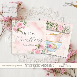 Puede incluir: Descarga digital de sobres de té con diseño floral. Los sobres presentan rosas rosas y el texto "My Cup Overflows Salmo 23:5". El diseño incluye un efecto acuarela y una estética vintage, ideal para manualidades y journaling.