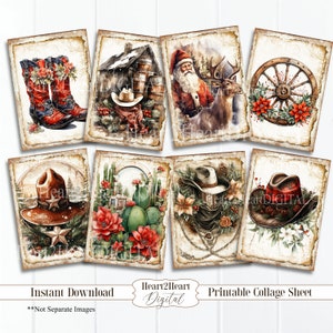 Western Christmas Collage Sheet, Cowboy Santa Journal Cards, Digital Cowboy Christmas Scrapbook Cards, Printable Download, ACEO,