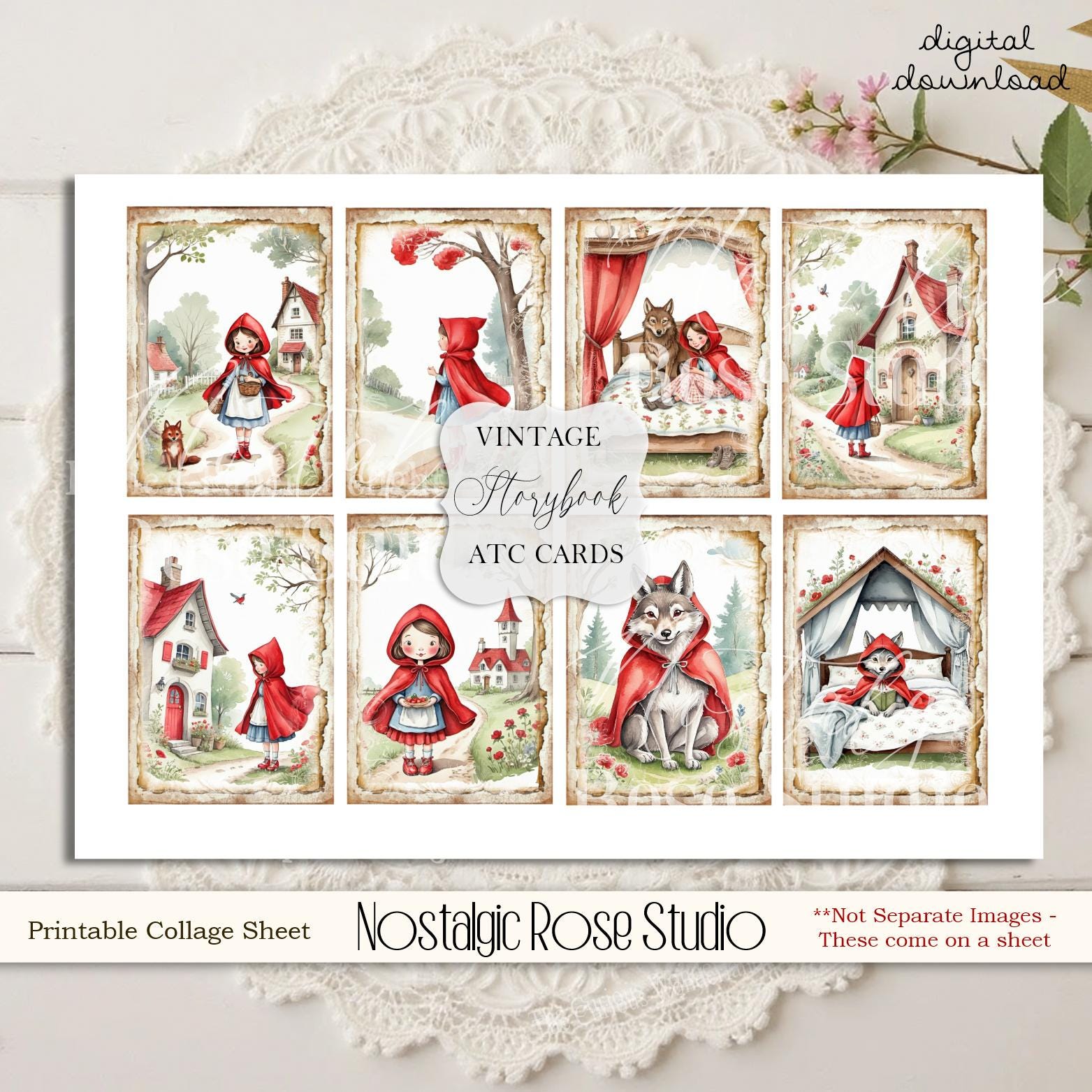 Red Riding Hood Rhyme Nursery Rhyme 'little Red Riding Hood' Ephemera Cards Collage Sheet ...