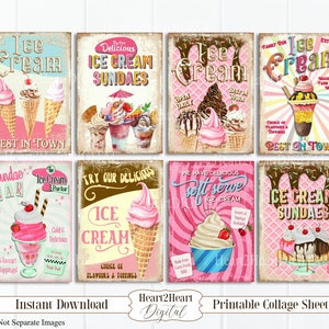 Digital Ice Cream Collage Sheet, Retro Ice Cream Cards, ATC ACEO, Printable Digital Download, Cards, Labels Craft, Ice Cream Sundae