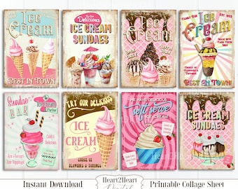 Digital Ice Cream Collage Sheet, Retro Ice Cream Cards, ATC ACEO, Printable Digital Download, Cards, Labels Craft, Ice Cream Sundae