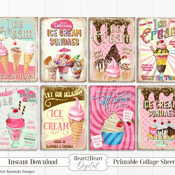 Digital Ice Cream Collage Sheet, Retro Ice Cream Cards, ATC ACEO, Printable Digital Download, Cards, Labels Craft, Ice Cream Sundae