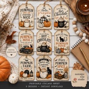 Op de afbeelding: Negen rechthoekige cadeaulabels met rustieke, vintage herfstontwerpen. Elk label bevat seizoensgebonden illustraties zoals pompoenen, mokken met warme chocolademelk, zwarte katten en vrachtwagens, met teksten zoals Pumpkin Spice en Hot Chocolate.